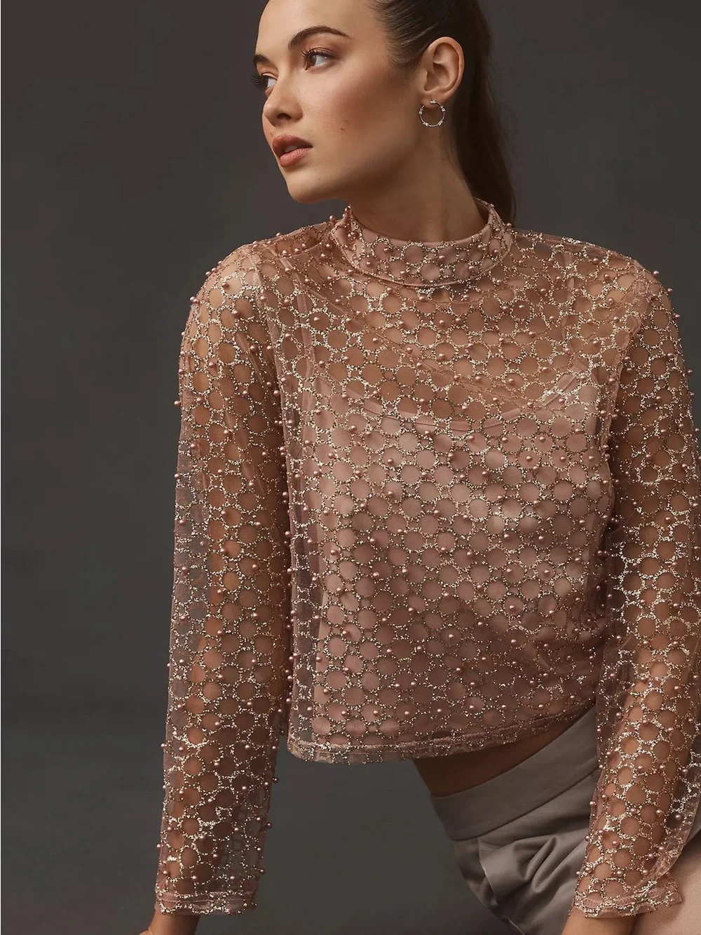 Anthropologie Blue Tassel Pearl Embellished Long-Sleeve Top XS